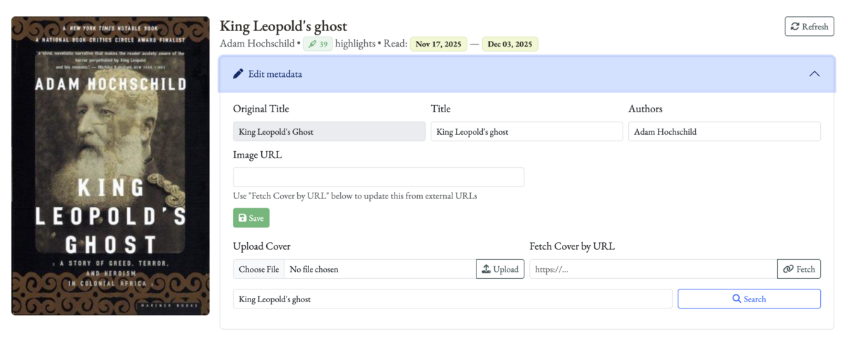 Book detail editor showing metadata fields