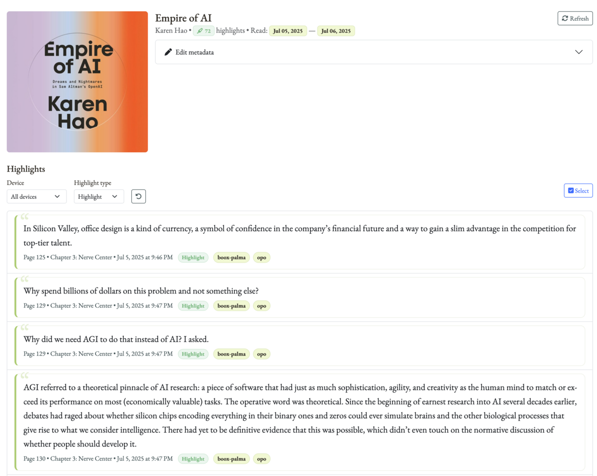 Book detail page with highlights