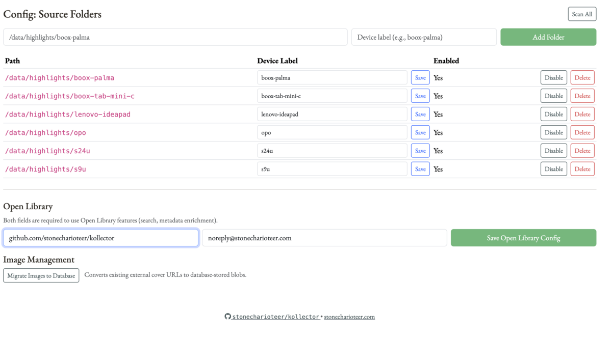 Configuration page for managing source folders