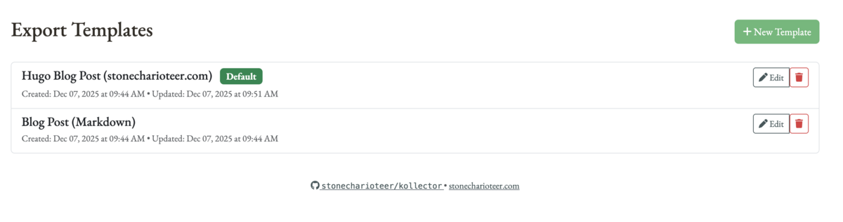 Export template selection