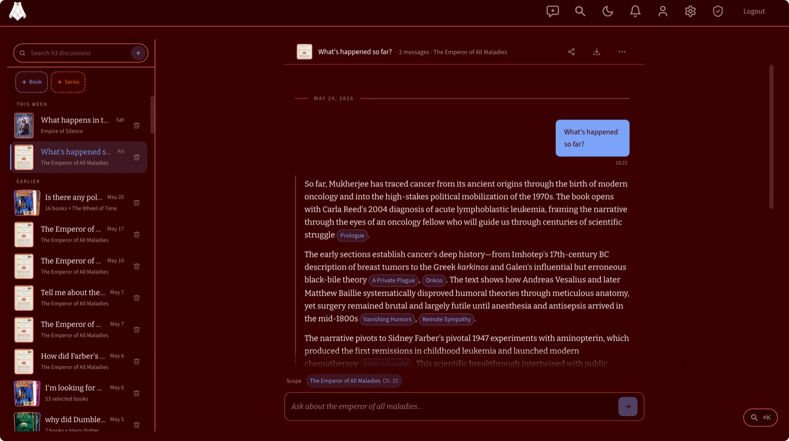 Merrilin using the Red theme while reading The Emperor of All Maladies
